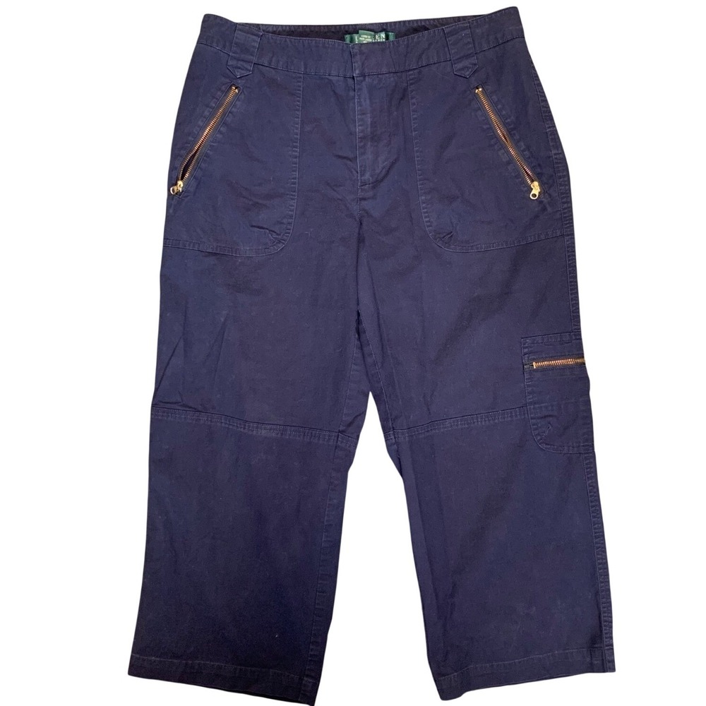 Lauren Ralph Lauren Navy Blue Utility Cargo Pants Gold Zipper Size 4 CottonBlend